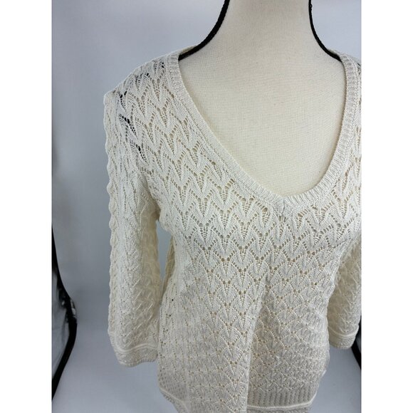 Skye's The Limit Womens Size M Petite Cream Crochet Knit V Neck Long Sleeve - Picture 2 of 6